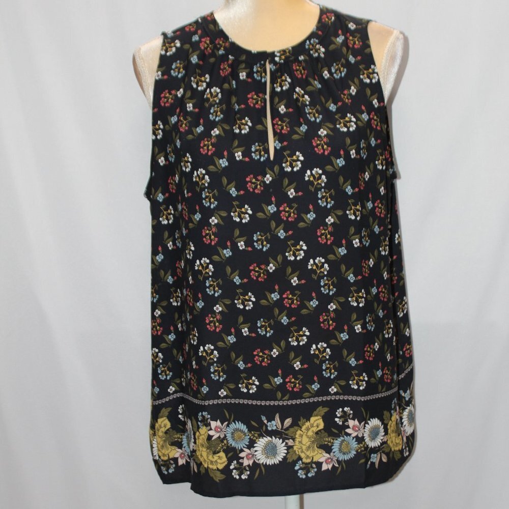 LOFT Floral Navy Sleeveless Boarder Print Top